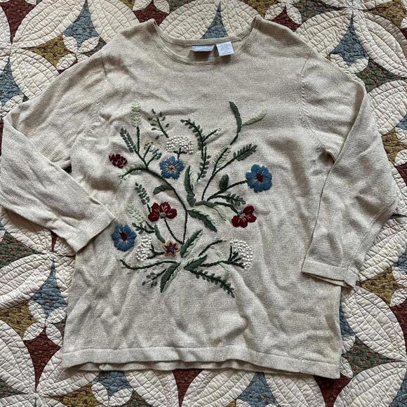 Vintage 90s cream knit cottagecore fairy grandma sweater w. embroidered flowers - Picture 3 of 4